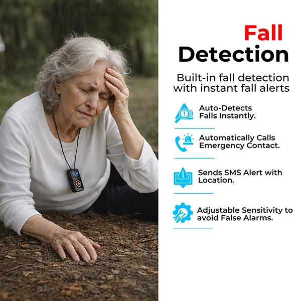 Senior citizen SecuLife wearable GPS medical alert pendant with automatic fall detection that sends text message alerts with location and calls emergency contacts.