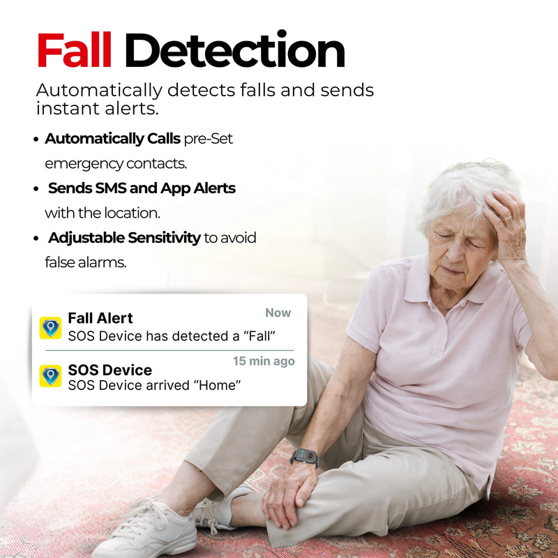 Medical alert low cost elderly men and womens smartwatch detecting a fall and instantly sending SMS alerts with location while automatically calling emergency
contacts.