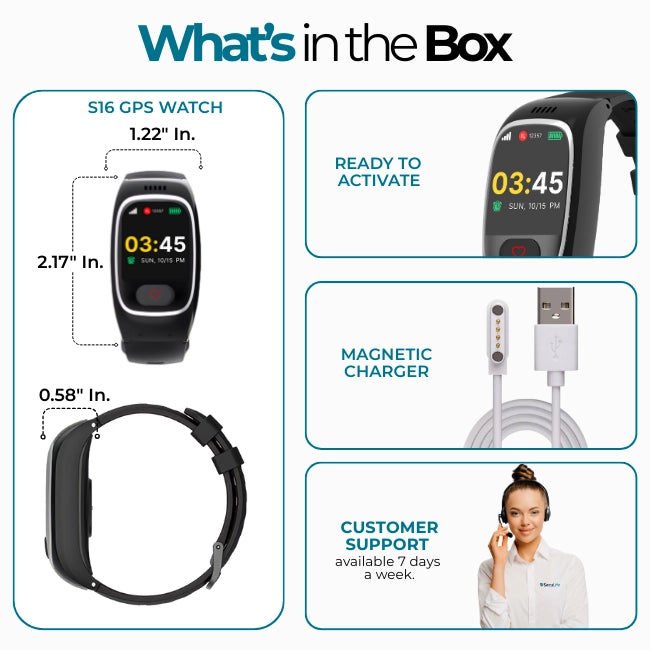 What's in the box for the elderly GPS smartwatch, including the device, magnetic
charger, and customer support details available 7 days a week.