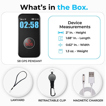 Elderly men and women's compact wearable GPS emergency alert pendant kit
including SOS safety device, neck lanyard, retractable keychain clip, and magnetic
USB charging cable, and lifetime warranty.