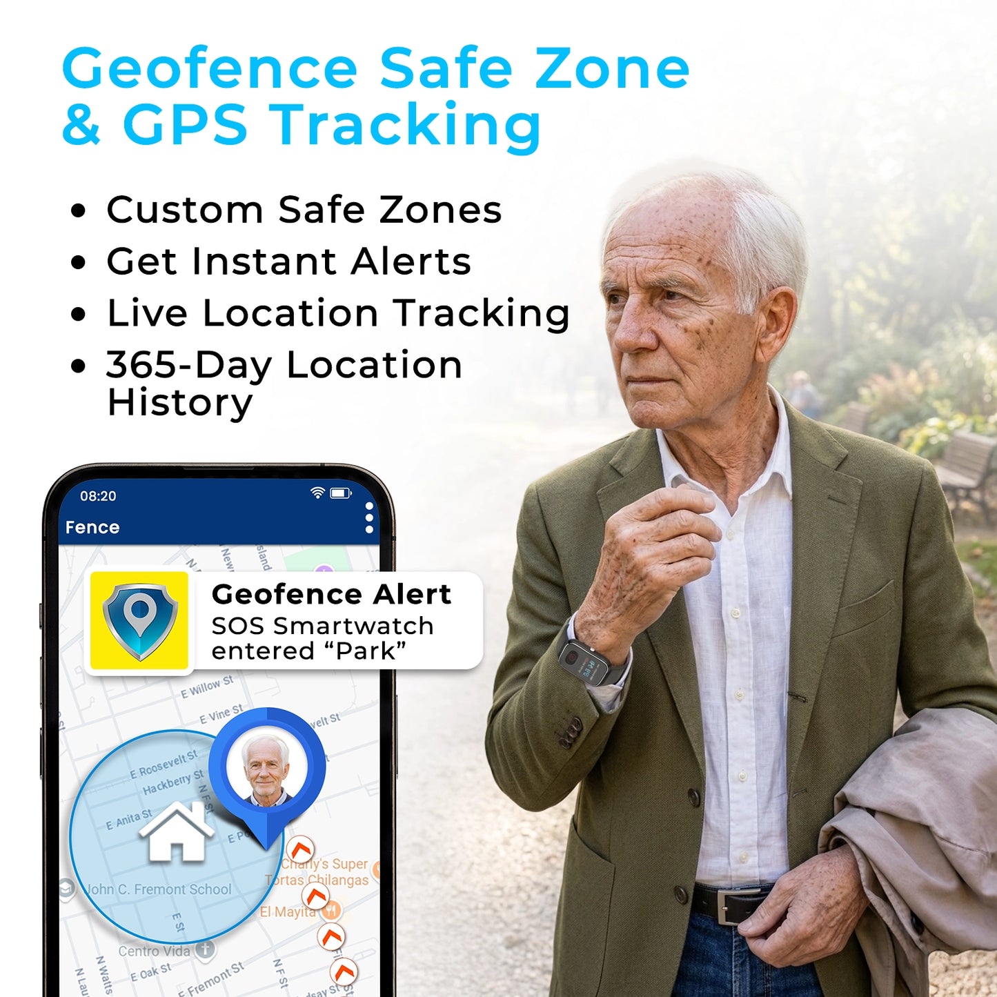 Elderly GPS medical safety smartwatch with geofence alerts, live location tracking,
and best safety monitoring through the family caregiver mobile app.
