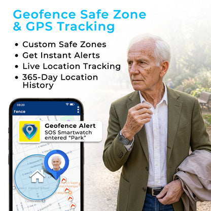 Elderly GPS medical safety smartwatch with geofence alerts, live location tracking,
and best safety monitoring through the family caregiver mobile app.