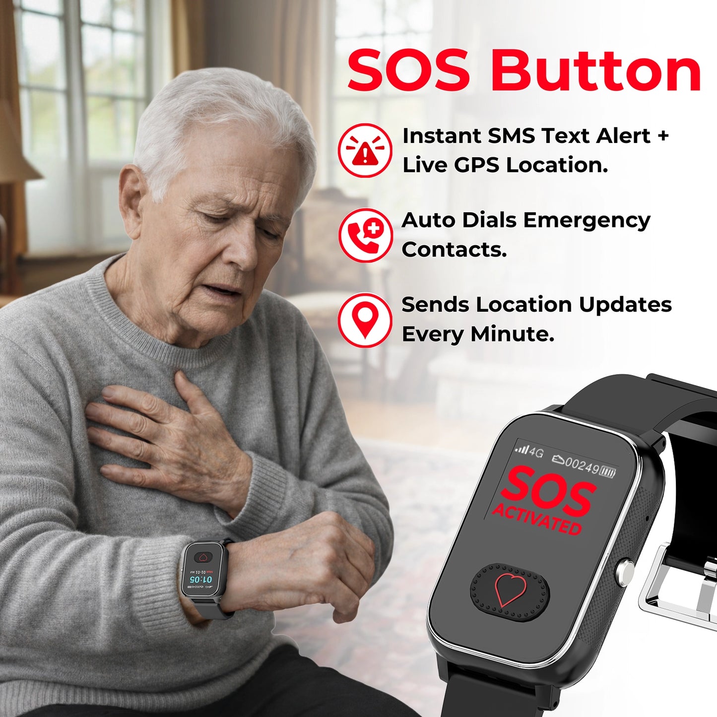 Senior SOS emergency smartwatch sends instant SMS alerts with live GPS location,
sends gps location every minute, automatically calling emergency contacts.