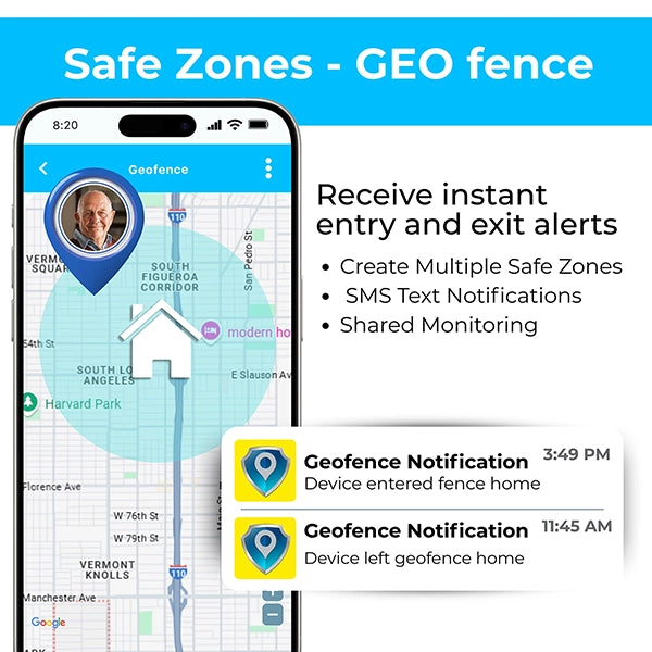 GPS medical alert device for elderly men and women with geofence safe zone monitoring that sends instant text notifications when a location boundary is entered or exited.