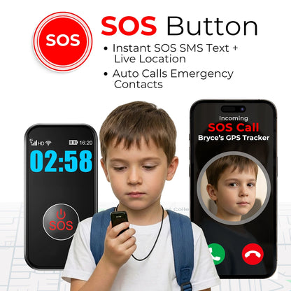 Kids GPS safety pendant with SOS emergency button sending instant SMS alerts and
live location tracking to parents through a mobile monitoring app.