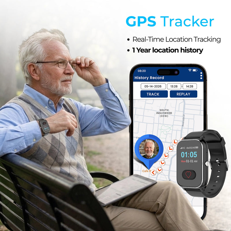 Medical alert smartwatch with built in GPS tracker providing real time location
monitoring and location history for seniors with medical or memory conditions.