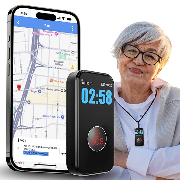 Senior GPS safety device worn as a pendant with mobile app monitoring that allows family and caregivers to track location, receive emergency alerts, and manage safety features.