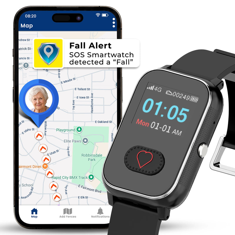Elderly men and women living alone built-in fall detection smartwatch with
emergency monitoring sending instant SMS text alerts plus live GPS location map,
and handsfree autodial calls emergency contacts for prompt safety monitoring.