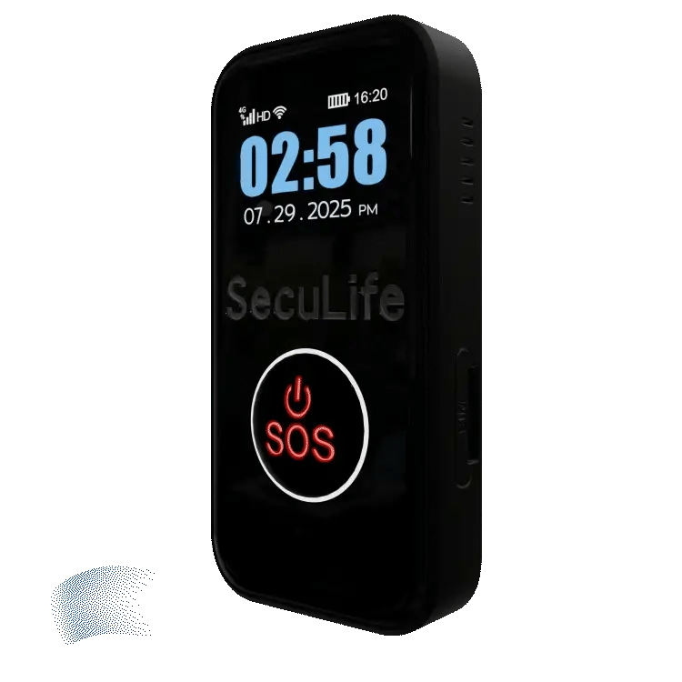 Elderly wearing SecuLife fall detection GPS tracker medical alert device with SOS
emergency alert and real-time caregiver notifications