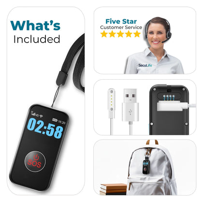Affordable kids GPS safety pendant bundle with lanyard, charging cable, belt clip and
free mobile monitoring app for child location tracking and SOS emergency alerts.