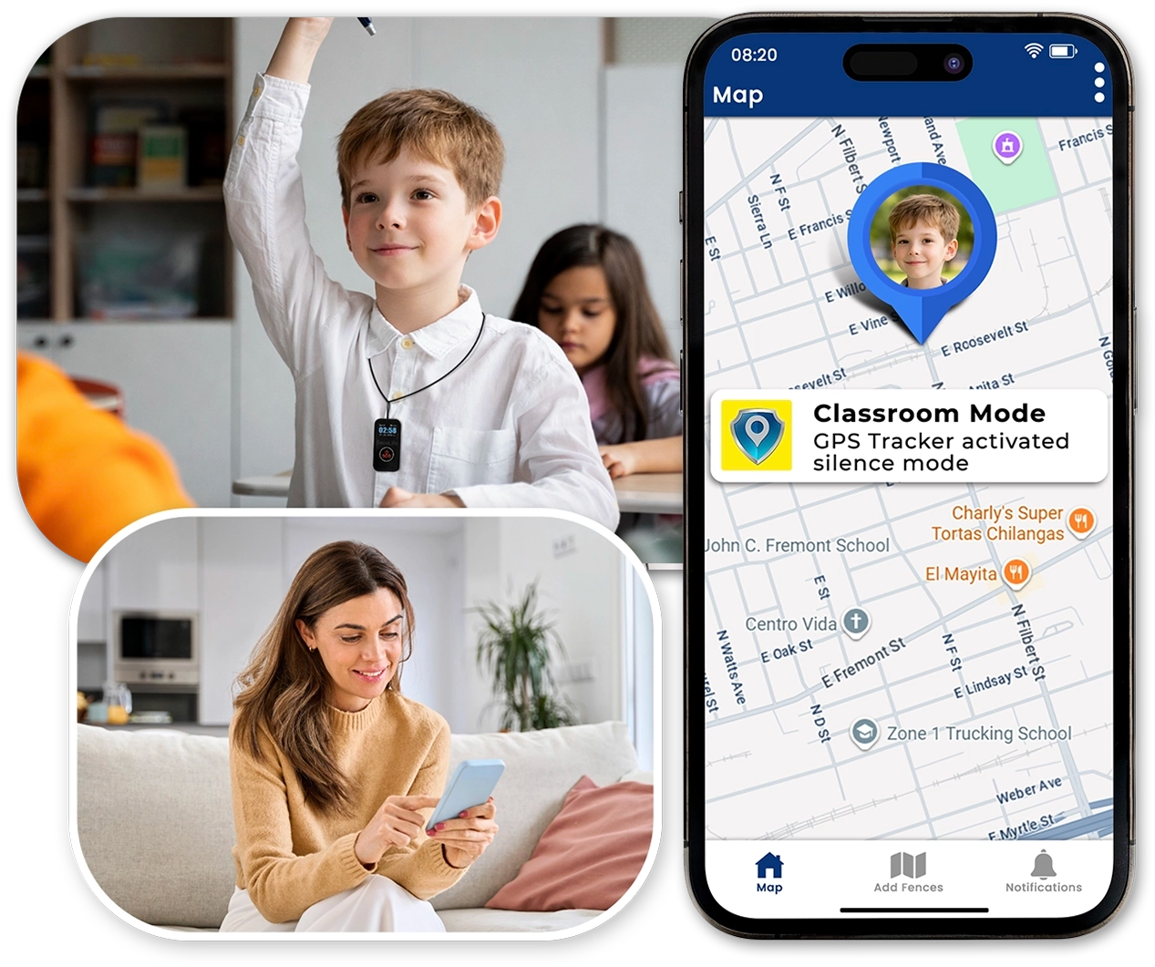 Kids affordable safety wearable GPS tracker with classroom mode that silences calls
during school while continuing GPS tracking and emergency SOS alerts. Parents
monitor live location through a mobile safety app.