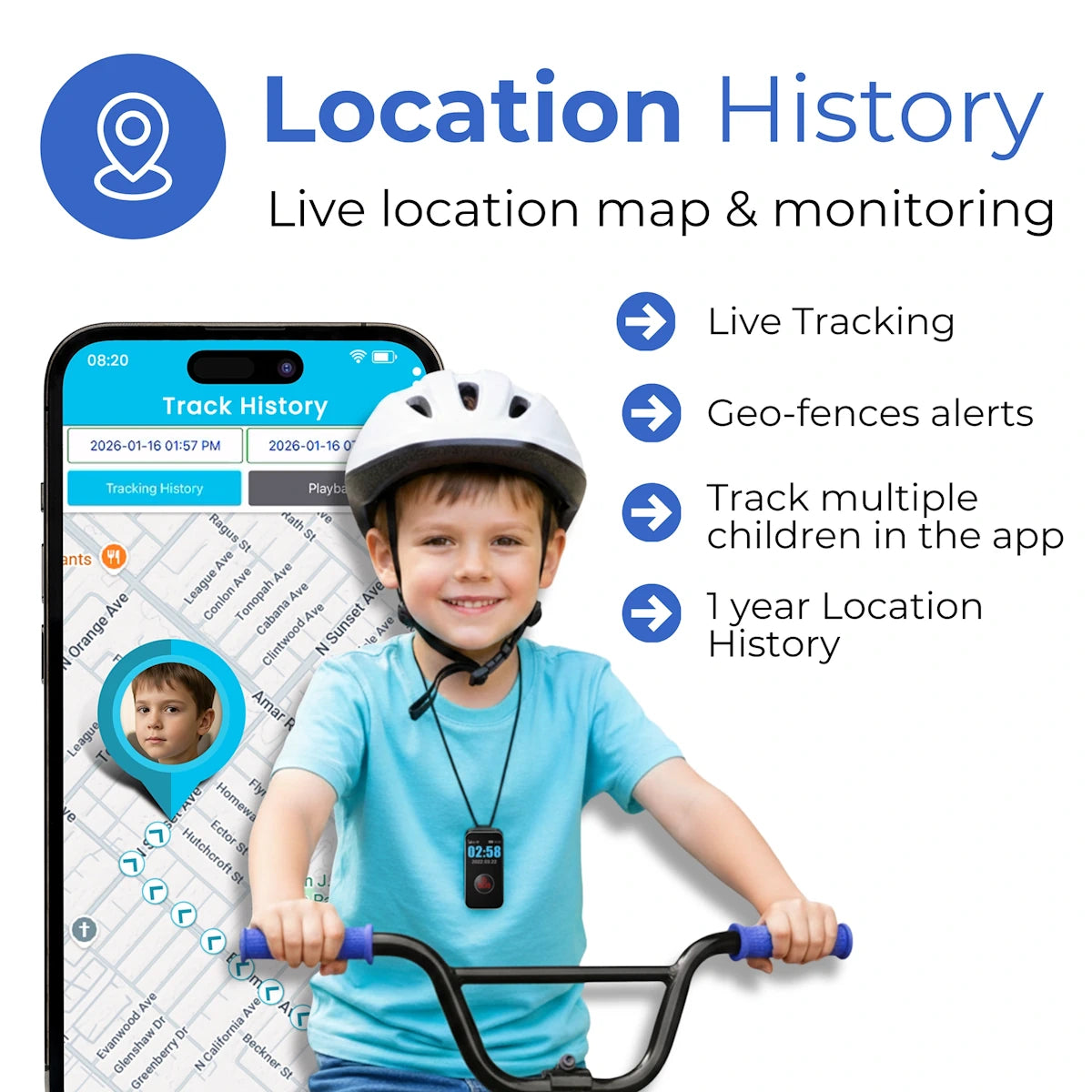 Alt Tag:
Kids GPS safety pendant showing live location tracking, geofence alerts and location
history monitoring through a parental control mobile app.