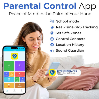 Parental control mobile app for kids GPS safety pendant with real-time tracking,
geofence safe zones, contact controls and location history monitoring, safe
communication.