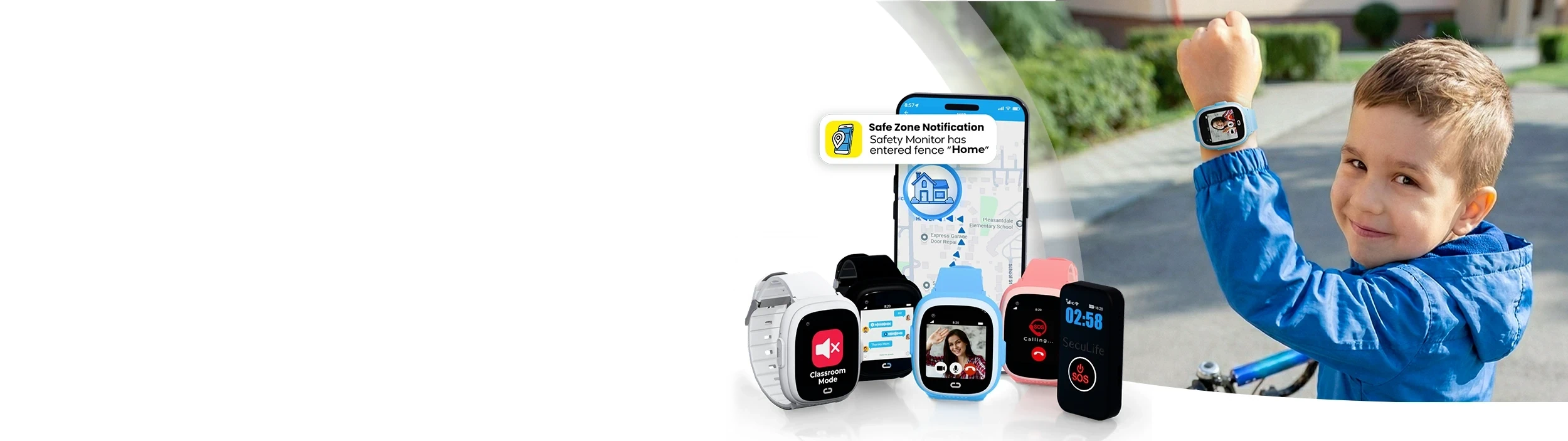 Kids safety GPS devices connected to a parental control mobile app that allows parents to track location, set safe zones, receive alerts, and manage communication.