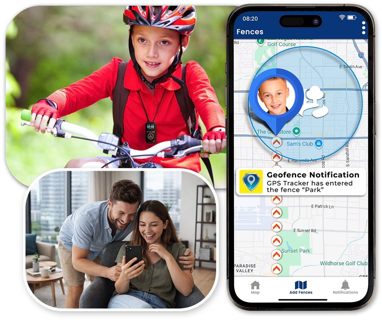 Kids GPS tracker with geofence safe zone alerts sending SMS text notifications when
a child enters or leaves locations like school or park. Parent monitoring safety device
with built in technology for monitoring and communication and parent mobile app.
