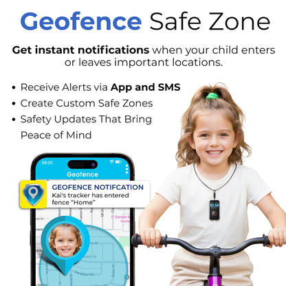 Kids low cost GPS safety pendant with geofence safe zone alerts that notify parents
when a child enters or leaves important locations via app and SMS.