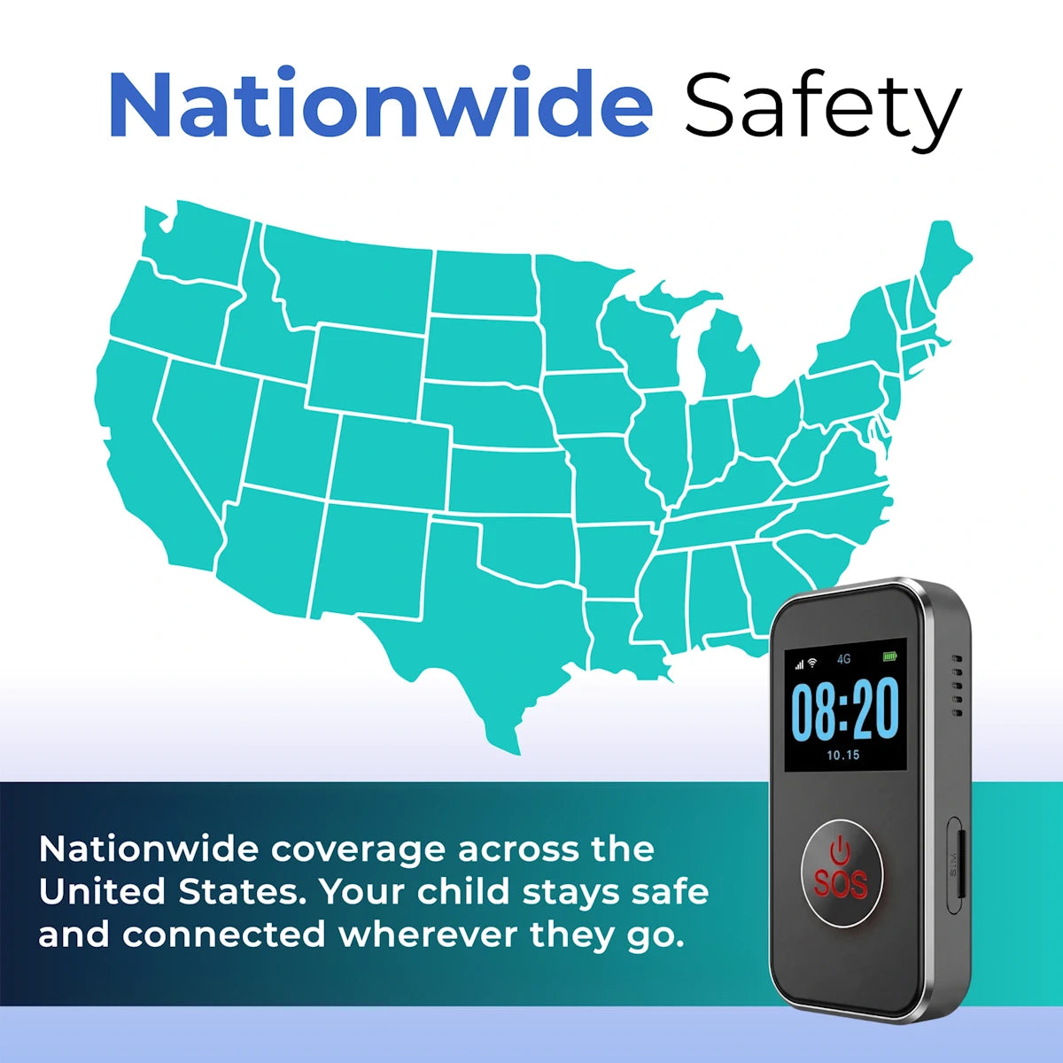 Kids GPS safety pendant with SOS emergency button providing nationwide cellular
coverage across the United States for real-time child tracking, monitor every step,
vacation tracker.