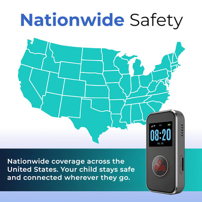 Kids GPS safety pendant with SOS emergency button providing nationwide cellular
coverage across the United States for real-time child tracking, monitor every step,
vacation tracker.