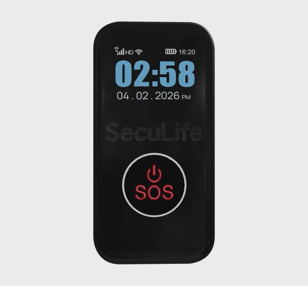 Elderly wearing SecuLife fall detection GPS tracker medical alert device with SOS
emergency alert and real-time caregiver notifications