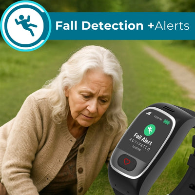 Senior smartwatch with fall detection and alerts activated, designed for elderly safety with real-time emergency notifications.
