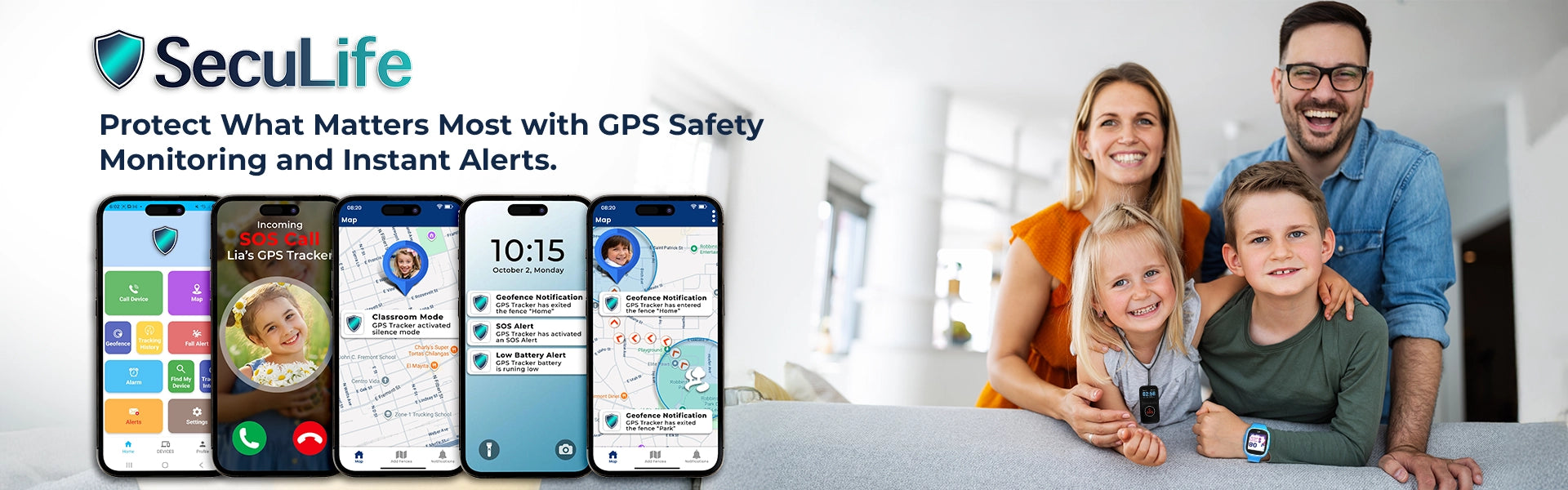 SecuLife kids GPS watch and safety pendant with parental control mobile app, geofencing alerts, voice calling, SOS button and live location tracking