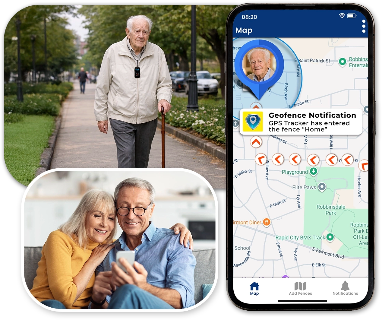 Elderly GPS safety pendant with geofence zone alerts and live tracking for family caregivers using SecuLife mobile app