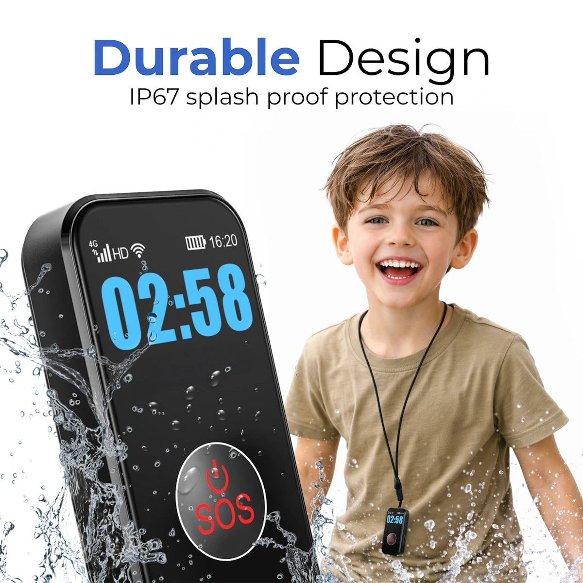 IP67 splash-proof kids GPS safety pendant with SOS emergency button and
long-lasting battery designed for active children and outdoor use.