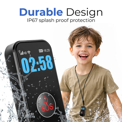 IP67 splash-proof kids GPS safety pendant with SOS emergency button and
long-lasting battery designed for active children and outdoor use.