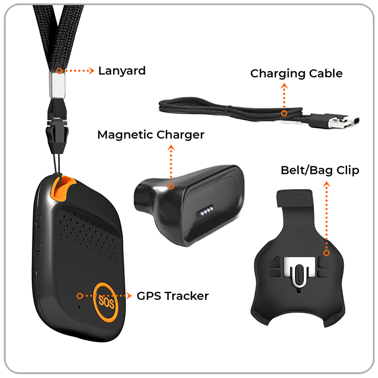 SecuLife ES4 GPS tracker package contents including device, lanyard, belt clip, magnetic USB charging cable, and SIM card