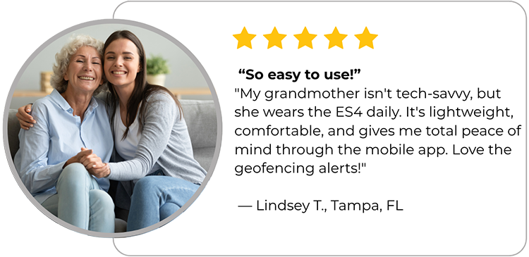 Family using SecuLife mobile app to track elderly loved one with positive feedback