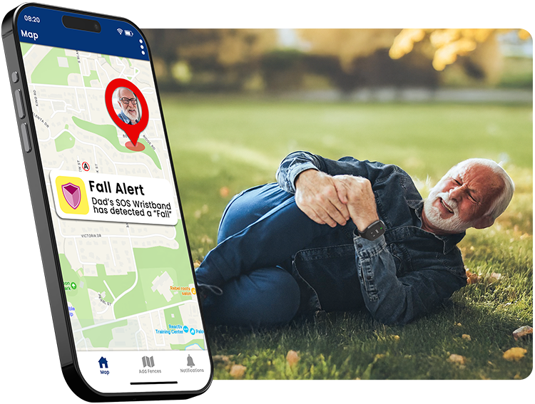 Fall detection feature with elderly man on ground wearing SOS wristband
