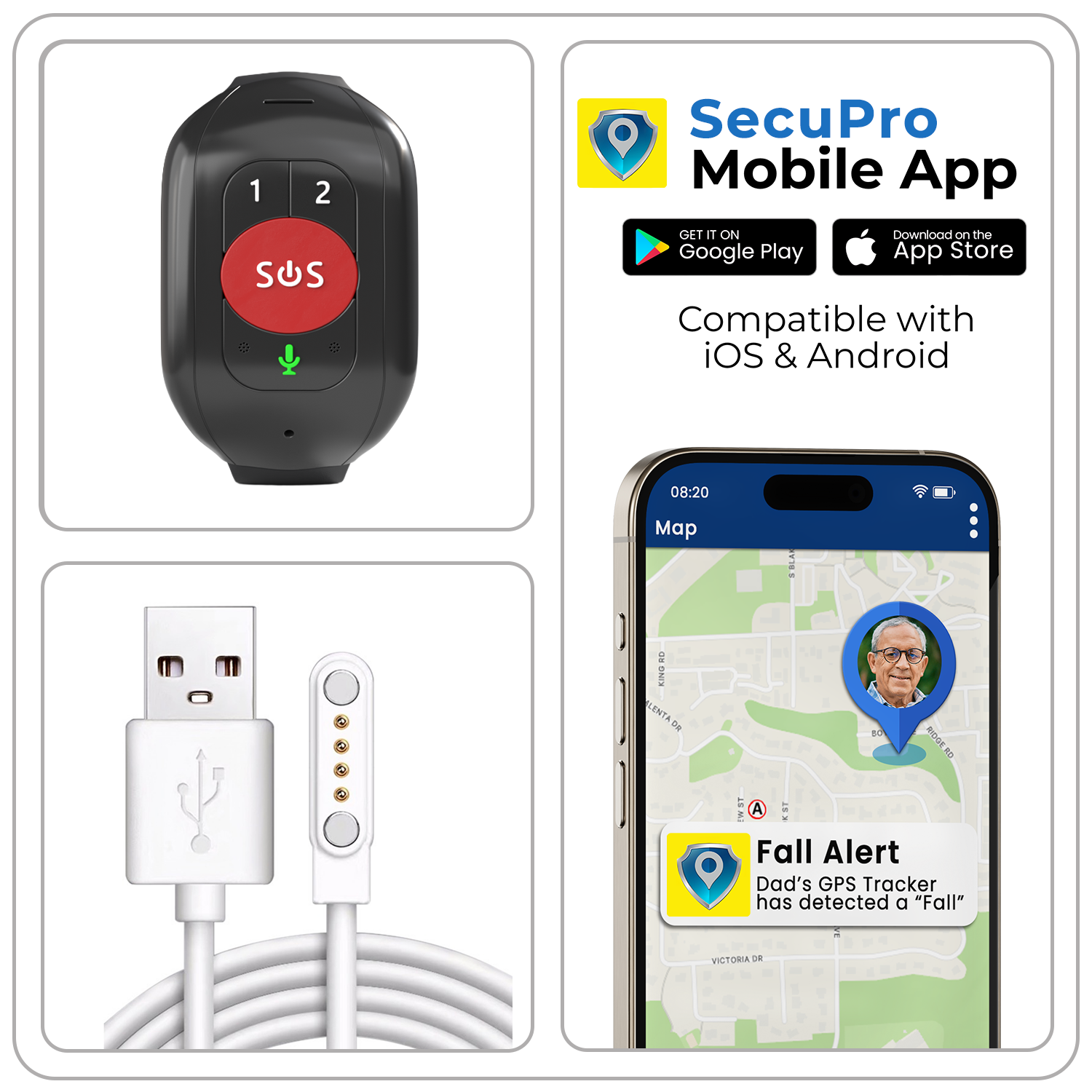 What's included with SecuLife SOS wristband – device, charger, and app