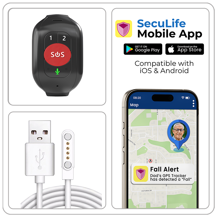 What's included with SecuLife SOS wristband – device, charger, and app