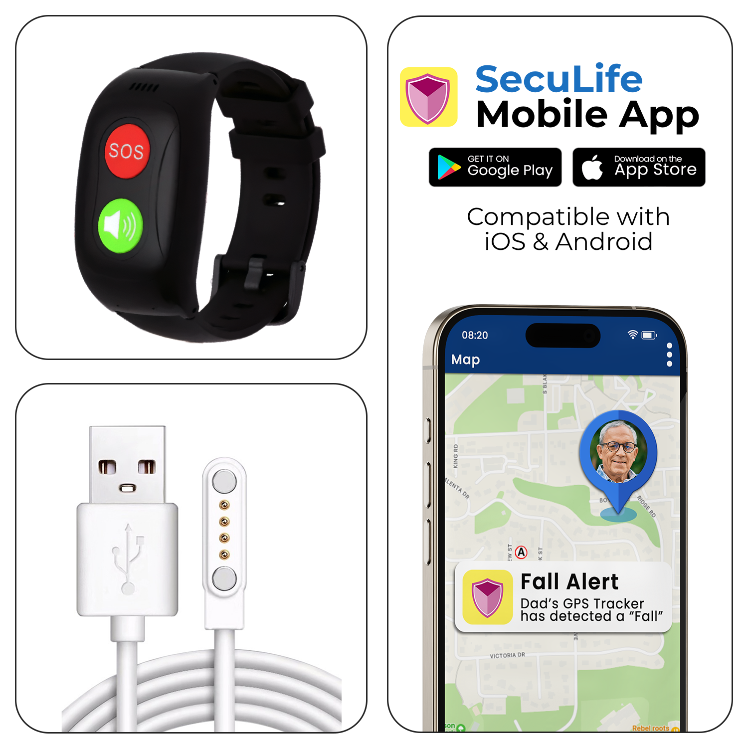 What's included with SecuLife SOS wristband – device, charger, and app