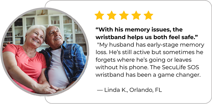 Wife using SOS wristband for husband with memory loss testimonial for SecuLife