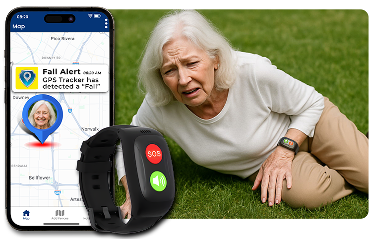 Elderly woman with SecuLife SL17 wristband fall detection alert on phone