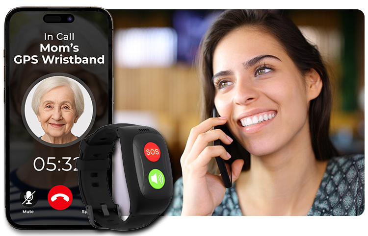 Senior safety wristband that blocks unknown callers and allows communication with approved family contacts only
