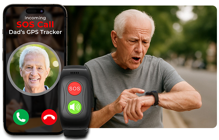 Senior woman pressing SOS button on SecuLife SL17 wristband for emergency help