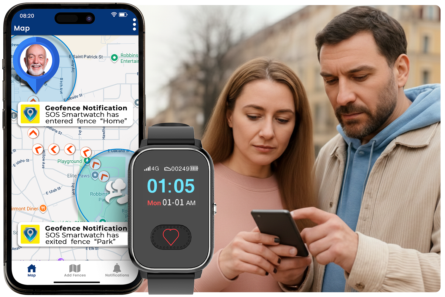 Mobile app for elderly safety watch with alerts, communication, GPS tracking, and monitoring tools