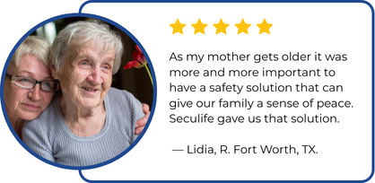 Testimonial showing an elderly mother and daughter sharing the benefits of a senior safety device