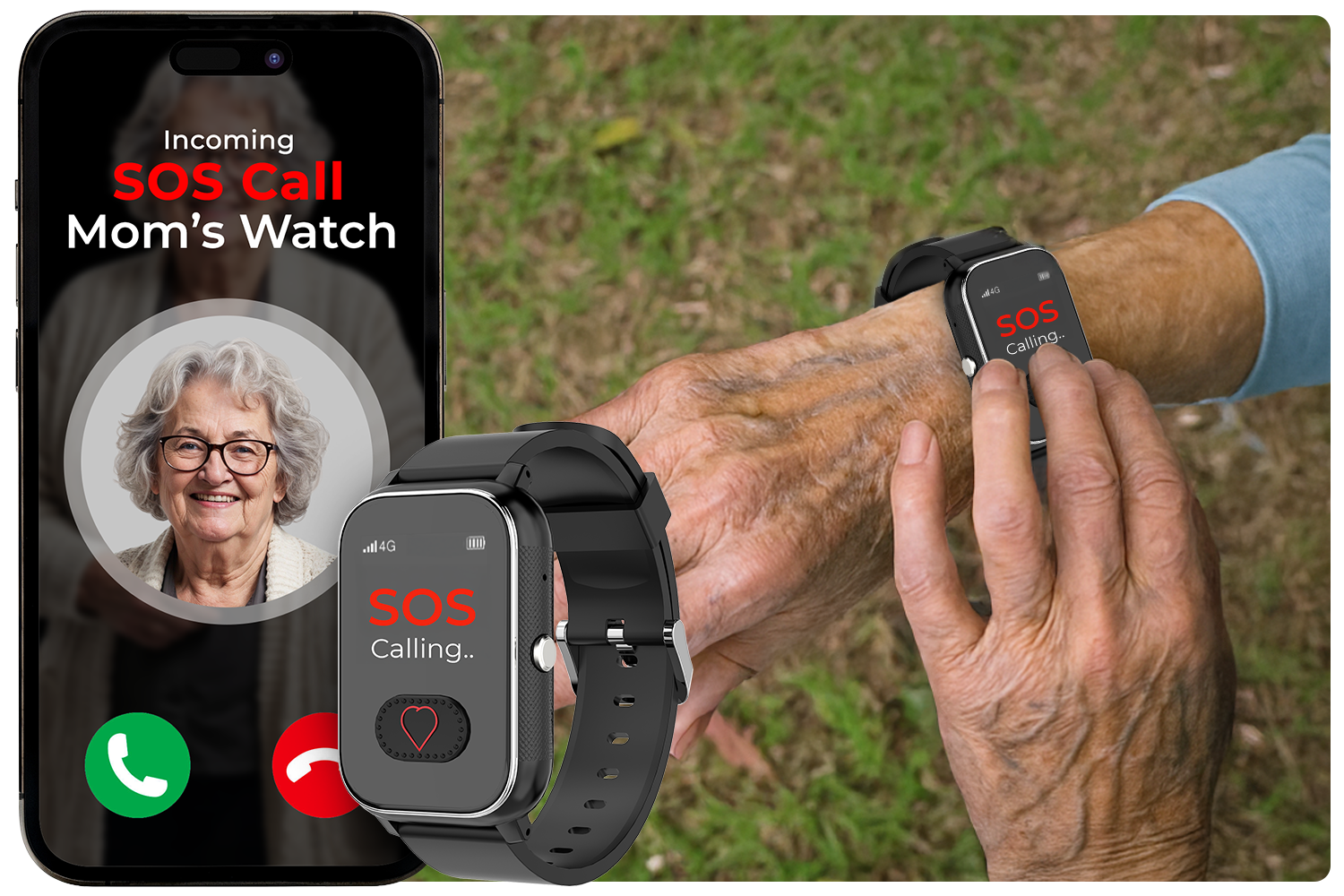 Senior emergency SOS watch with a one-press button that sends an instant alert