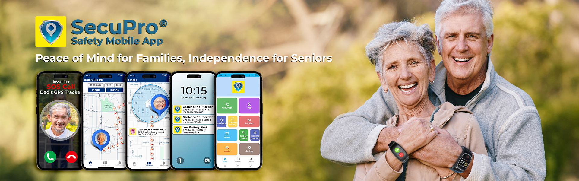 SecuLife senior safety system with SecuPro caregiver mobile app featuring fall detection, SOS emergency button, two way calling, geofencing alerts, and live GPS tracking for aging loved ones